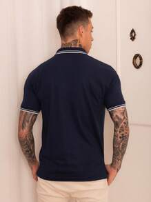 Lucky Star Modas Men's Striped Polo Shirt Piquet Knit - Navy Blue - View 3