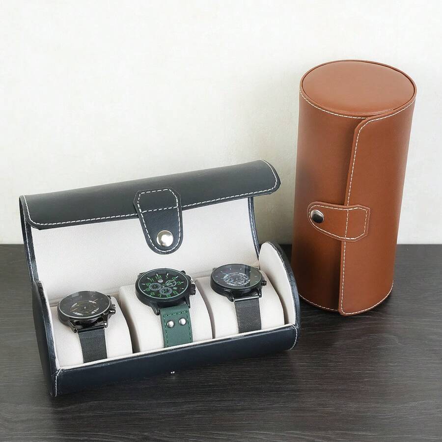 A Full Body Leather Cylindrical Watch Case That Can Hold Three Watch Storage Boxes, Easy To Carry And Store - one-size - View 1