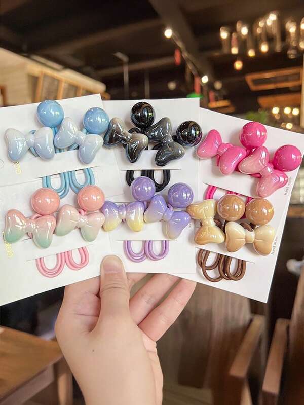 2pcs Children's Fashionable Sweet Gradient Color Bowknot Elastic Hair Ties For Girls, No Damage Hair Bands, Hair Accessories For Kids