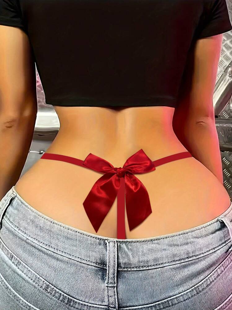Perizoma a stringa di pizzo con fiocco posteriore nero per donne sexy mutandine T-Back traspiranti a vita bassa - Rosso - Visualizzare 1