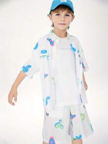 Annil Camisa para niños en el centro comercial, con camisa de manga corta estampada con cuello de solapa, nueva camisa informal suelta de verano