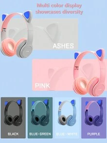 無線耳機,5.0升級,長久電池壽命,降噪,閃閃發光的貓耳朵無線耳機 - 藍色 - 查看 9