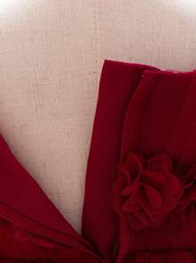 Baby Girls' Solid Color Mesh Sleeveless Wide Strap 3D Floral Elegantc Flower Girl Dress For Wedding Party, Headband Not Included - Burgundy - View 10