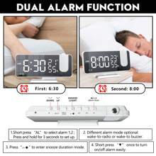 Projection Alarm Clock, Radio Alarm Clock Digital Alarm Clock With FM Radio, 7" LED Mirror Screen, Dual Alarm With USB Port, 4 Projection Brightness, 180 ° Flip Display And 12 / 24Hr - Silver - View 7