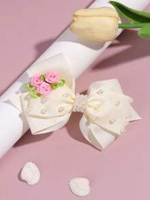 1入流行白色仿珍珠蝴蝶結髮夾，配以玫瑰花裝飾，適合約會或婚禮季節的女士髮飾 - 米色 - 查看 2