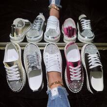 Giày thể thao thông thường pha lê lấp lánh dành cho nữ, Giày thể thao buộc dây có đế mềm mại và thoải mái, phong cách cổ điển - màu đen - Xem 2