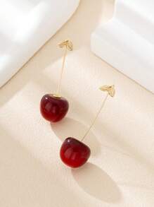 1pair European And American INS Fashionable Resin Fruit Drip Green Leaf Cherry Earrings, Suitable For Women, Ideal For Summer, Travel, Vacation, Wedding, Banquet, Birthday Gift For Friend, Unique Earring To Switch Up Your Look - Cherry Earrings - View 11