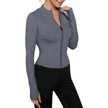 Women's Sport Jacket Lightweight Full Zip Up Yoga Jacket,Suitable For Outdoor Activities,Slim Fit Workout Gym Running With Thumb Holes, Solid Color Stand Collar Sports Tops, Slim Fit Yoga Outerwear, Women's Sportswear Workout Clothing For Indoor Outdoor Wear - 灰色 - 查看 2