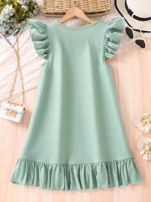 فستان صيفي فضفاض غير رسمي رفرفة من القطن المحبوك مطبوع برسوم بنت كرتونية بقصة "A" - أخضر - مشاهدة 5