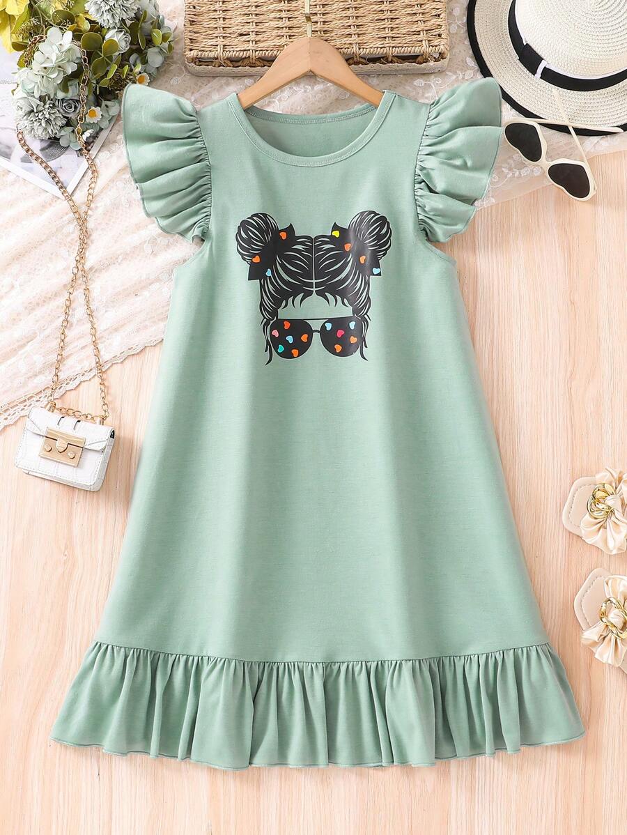 فستان صيفي فضفاض غير رسمي رفرفة من القطن المحبوك مطبوع برسوم بنت كرتونية بقصة "A" - أخضر - مشاهدة 1