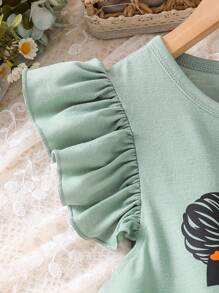 فستان صيفي فضفاض غير رسمي رفرفة من القطن المحبوك مطبوع برسوم بنت كرتونية بقصة "A" - أخضر - مشاهدة 3