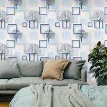 LFASCU 1卷10M幾何圖案自粘壁紙，藍色方形樹設計，PVC材質，易安裝，撕下即貼，適用於臥室、客廳電視牆背景、廚房櫥櫃、家具翻新、DIY裝飾、易於清潔，尺寸為17.7英寸X393.7英寸 - 藍色 - 查看 5