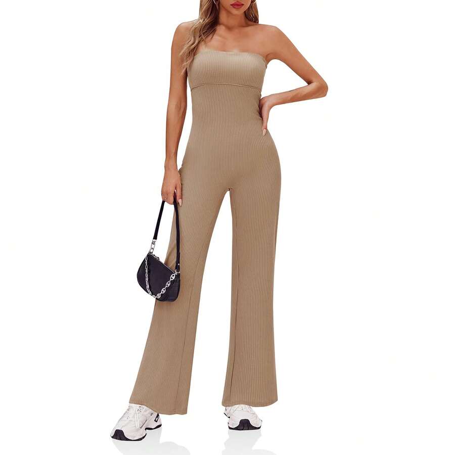 BZB Women's Strapless Ribbed Flare Jumpsuits One Piece Tube Top Casual Long Pants Rompers - Khaki - View 1