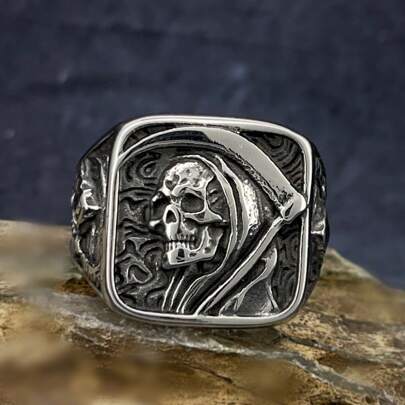 1pc Titanium Steel Skull Ring, Unisex Stainless Steel Band Ring