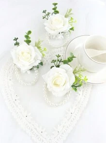 6pcs/1pc Wrist Corsage For Bride Bridesmaids Wedding, Artificial Silk Rose And Faux Pearls Romantic Wrist Corsage For Women Mother Wedding Prom Party Bridal Shower Decoration Wedding Gift Valentine's Day