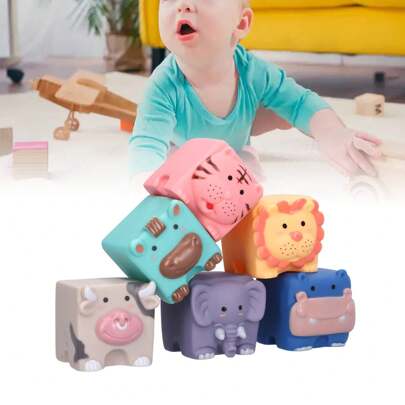 6 件套软积木玩具，3-18 个月，浮雕动物图案，灵活堆叠积木，可挤压，适合家庭使用