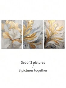 一套 3 张帆布印刷海报，奢华的金色和白色叶子现代艺术，门厅、走廊、卧室、客厅沙发背景的墙壁装饰，装饰性墙壁画，海报（无框架），完美的理想礼物，家居装饰，PVC 管包装