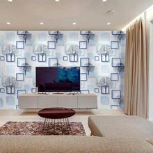 LFASCU 1卷10M幾何圖案自粘壁紙，藍色方形樹設計，PVC材質，易安裝，撕下即貼，適用於臥室、客廳電視牆背景、廚房櫥櫃、家具翻新、DIY裝飾、易於清潔，尺寸為17.7英寸X393.7英寸 - 藍色 - 查看 4