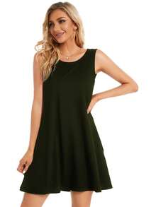 Vestido de Verano Casual para Mujer Sin Mangas con Bolsillos, Casual y Transpirable, de Playa - Verde militar - Ver 3