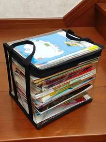 1 Pc PVC Transparent Book Storage Bag   Square Versatile Lightweight Books Storage Handbag   Storage Zipper Bag,Foldable Clear Storage Box, Portable Book Box Container, Student Classroom Books Stationery Storage Box, Transparent Home Finishing Box, Portable Large Capacity Storage Bag, With Handle, Organizer Supplies For Home School Office,Suitable For Home Daily Storage And Toy Storage, Can Be Applied For Storing Books, Building Blocks, Plush Toys, Clothes, Bulky Dolls, Handicrafts And More. - Black - View 7