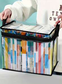 1 Pc PVC Transparent Book Storage Bag   Square Versatile Lightweight Books Storage Handbag   Storage Zipper Bag,Foldable Clear Storage Box, Portable Book Box Container, Student Classroom Books Stationery Storage Box, Transparent Home Finishing Box, Portable Large Capacity Storage Bag, With Handle, Organizer Supplies For Home School Office,Suitable For Home Daily Storage And Toy Storage, Can Be Applied For Storing Books, Building Blocks, Plush Toys, Clothes, Bulky Dolls, Handicrafts And More. - Black - View 2