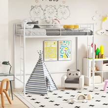 Twin Size Loft Bed Heavy Duty Metal Loft Bed Frame With Safety Guardrail Silver/White/Black - trắng - Xem 9