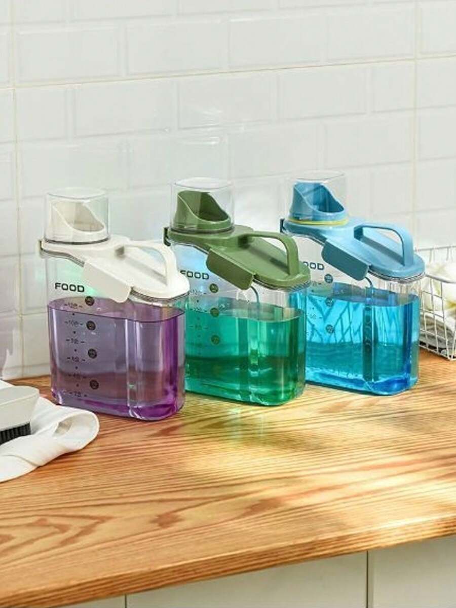 1pc Laundry Powder Storage Box, Transparent Laundry Liquid Container, Storage Jar For Detergent, Moisture-Proof Sealable Canister With Graduations - Green - View 1