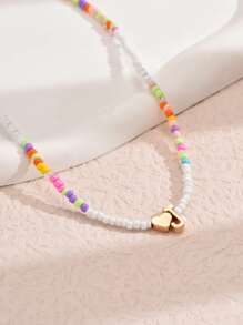 1pc Mixed-Color Rice-Shaped Beaded Heart & Letter Pendant Necklace
