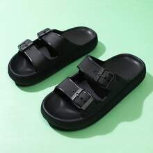 Women's Lightweight Soft & Comfortable Black Double Buckle Slippers, Waterproof, Suitable For Sandals & Thick-Soled - Black - View 4