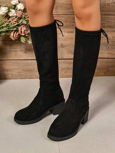 Moda feminina casual botas de cano alto, bico redondo elástico com cadarço emagrecedor botas de cano médio