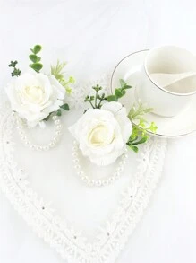 6pcs/1pc Wrist Corsage For Bride Bridesmaids Wedding, Artificial Silk Rose And Faux Pearls Romantic Wrist Corsage For Women Mother Wedding Prom Party Bridal Shower Decoration Wedding Gift Valentine's Day