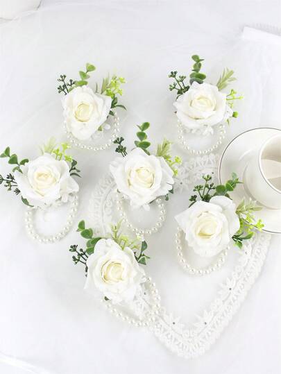 6朵/1朵腕花，新娘伴娘婚礼用，人造丝玫瑰和仿珍珠，浪漫腕花，适合女性、母亲、婚礼、舞会、新娘送礼会装饰、婚礼礼物、情人节、夏季、海滩等场合。