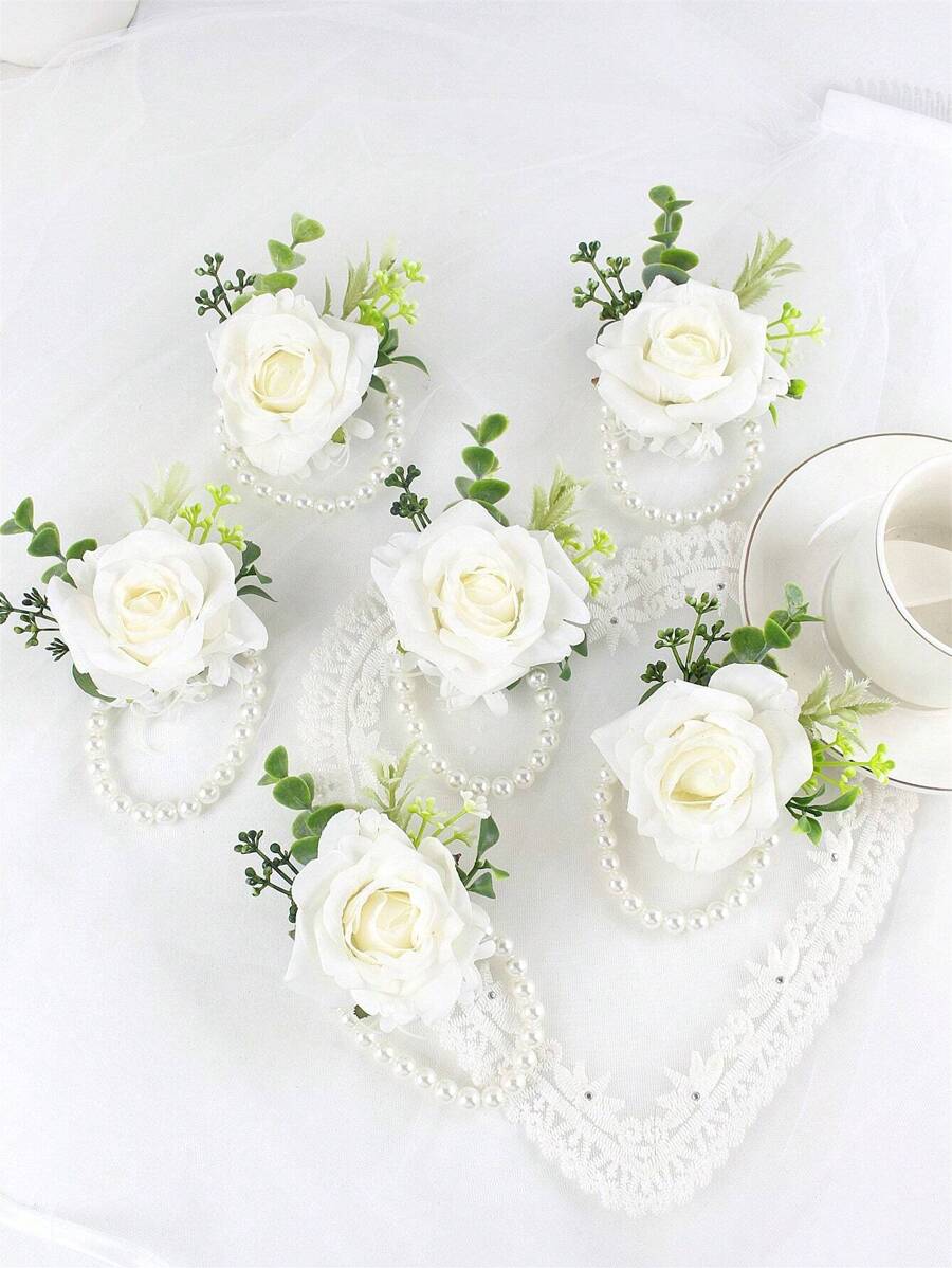 6pcs/1pc Wrist Corsage For Bride Bridesmaids Wedding, Artificial Silk Rose And Faux Pearls Romantic Wrist Corsage For Women Mother Wedding Prom Party Bridal Shower Decoration Wedding Gift Valentine's Day