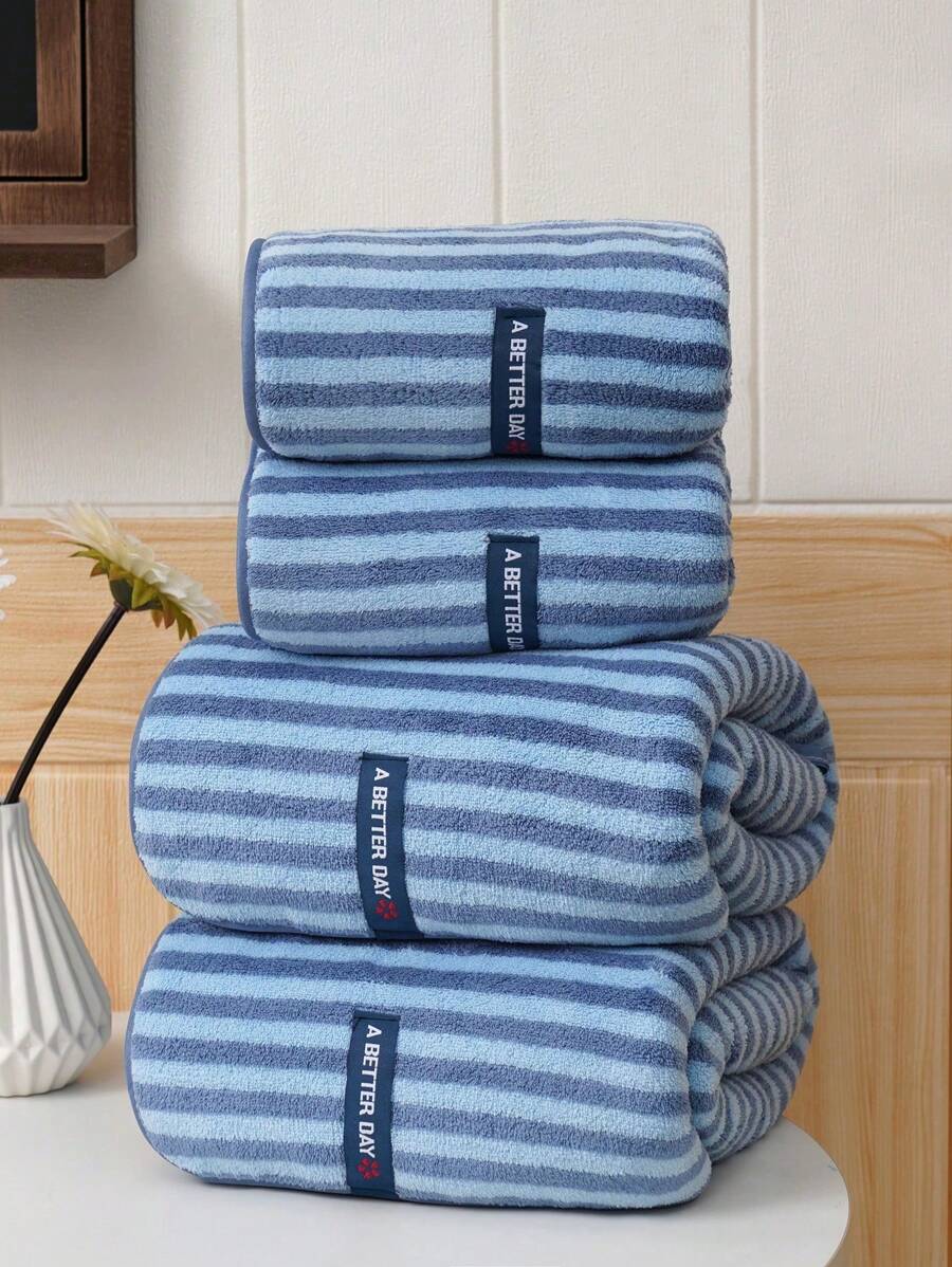 1/2/3条装珊瑚绒条纹吸水浴巾/手巾，柔软速干洗脸巾，超强吸水纤维，适用于浴室、泳池、健身房、海滩等场所，也可用于美容院、酒店、运动场所、家居等，是护肤浴巾的理想之选。