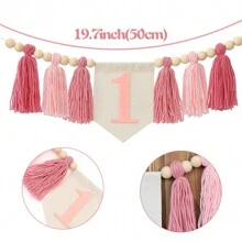 手工制作的 1 岁生日高脚椅横幅、花环、波西米亚风流苏花环、粉色流苏壁挂装饰、圣诞节 - 粉色 - 查看 3