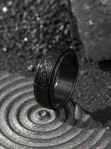 1pc Black Spin Ring Anxiety Ring Retro Pattern Back To School Men's Ring Punk Gothic Style Suitable For Everyday Wear Friends Party - Black - View 3