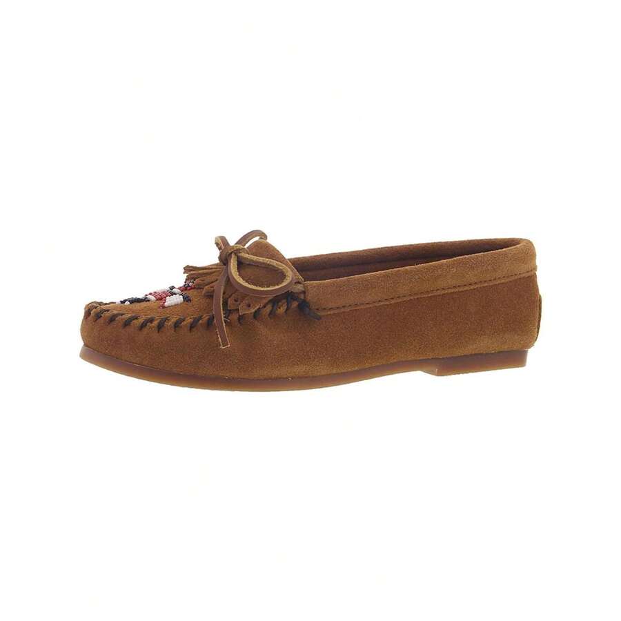 Minnetonka Thunderbird Womens Suede Fringe Moccasins - taupe - View 1