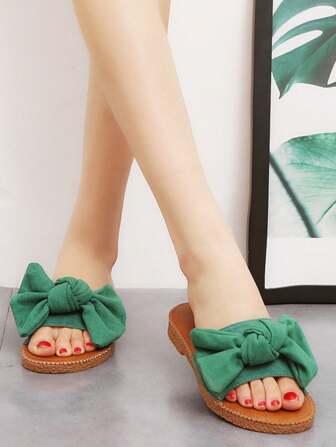 Women's Bowknot Decorated Slippers, Anti-Slip Beach Slippers, Fashionable & Versatile Style, Comfortable For Home Wear