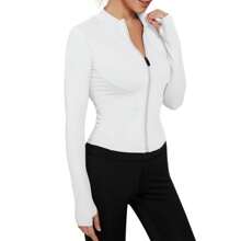 Women's Sport Jacket Lightweight Full Zip Up Yoga Jacket,Suitable For Outdoor Activities,Slim Fit Workout Gym Running With Thumb Holes, Solid Color Stand Collar Sports Tops, Slim Fit Yoga Outerwear, Women's Sportswear Workout Clothing For Indoor Outdoor Wear - 白色 - 查看 2