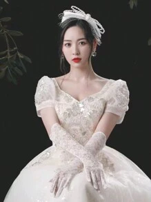 女士经典手指手套性感白色长款菊花图案新娘手套派对臂套驾驶防晒袖套 1 件万圣节 - 白色 - 查看 4