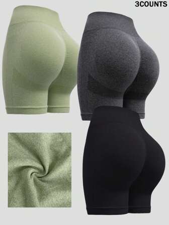 3入組女裝流行純色桃臀運動跑步短褲，健身訓練瑜伽緊身褲，收褶屁股，緊身底層綠色短褲女性內褲短褲