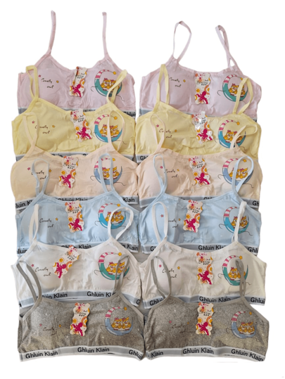 Paquete 12 Piezas Corpiño Bra Para Niña Copas Extraíbles Estampados Divertidos Unitalla Colores Surtidos Envio de Estampado depende de Disponibilidad