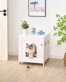 HaluPeit Placard pour chat, meubles de bac à litière cachés pour chat, banc d'armoire de rangement, toilettes en bois pour chat pour salon, chambre à coucher, blanc - Blanc - Voir 2
