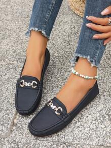 Women's Metal Butterfly Decor Flat Shoes, Round Toe Anti-Slip Black Loafers For Spring And Autumn