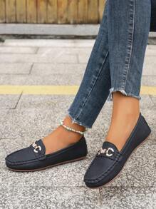 Women's Metal Butterfly Decor Flat Shoes, Round Toe Anti-Slip Black Loafers For Spring And Autumn