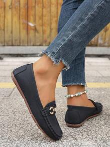 Women's Metal Butterfly Decor Flat Shoes, Round Toe Anti-Slip Black Loafers For Spring And Autumn