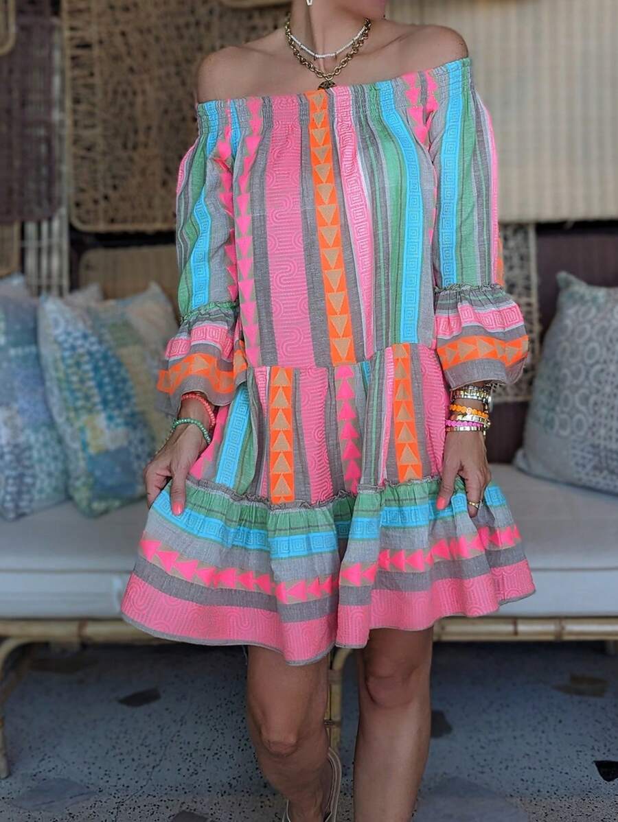 度假休闲拼色条纹几何印花露肩喇叭袖连衣裙 - 彩色 - 查看 1