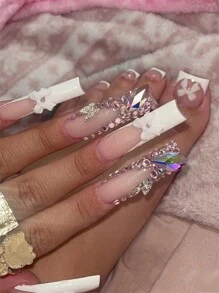 48pcs Long Square Acrylic Press-On French Nail Art Kit With Rhinestone Butterfly Design For Fingers And Toes, Including Jelly Glue And Nail File. Suitable For All Women, Perfect For Daily Outfits To Make Your Fingertips More Charming. - White - View 1