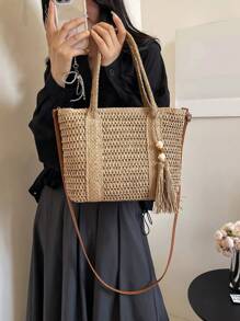 1 件新款夏季大号草编手提包，时尚女士手提包，带流苏、拉链开合和肩带，非常适合海滩和度假 - 卡其色 - 查看 2