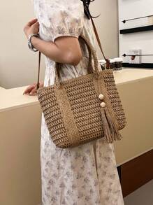 1 件新款夏季大号草编手提包，时尚女士手提包，带流苏、拉链开合和肩带，非常适合海滩和度假 - 卡其色 - 查看 8